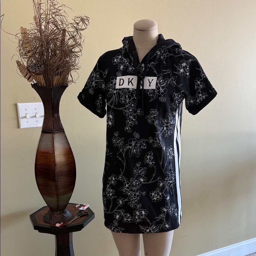 DKNY Black Hoodie with White Floral Pattern